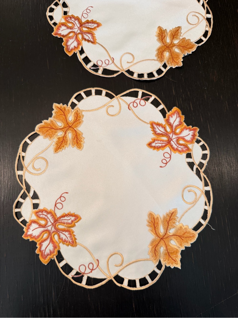 Autumn Leaf 11” Doily with Orange Maple Leaf Accents NOS